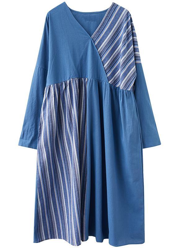 Handmade Blue Striped Tunics For Women V Neck Patchwork Traveling Spring Dresses - SooLinen