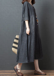 Handmade Blue V Neck Button Patchwork Fall Denim Half Sleeve Maxi Dress