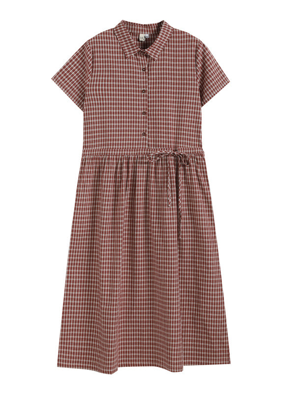 Handmade Brick Red Plaid Drawstring Peter Pan Collar Cotton Vacation Dresses Short Sleeve