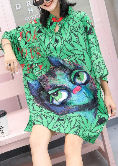 Handmade Chinese Button Cotton quilting dresses Neckline green prints Dresses summer - SooLinen