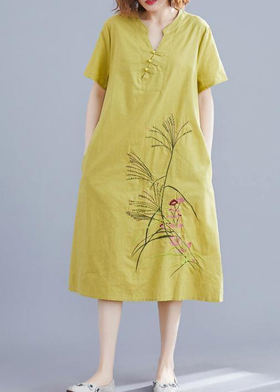 Handmade Chinese Button linen dresses Tutorials yellow embroidery Dress summer - SooLinen