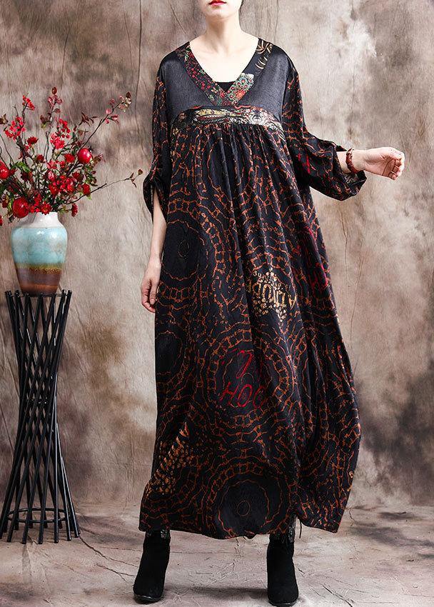 Handmade Chocolate Silk Dress Print Robe Kaftans - SooLinen