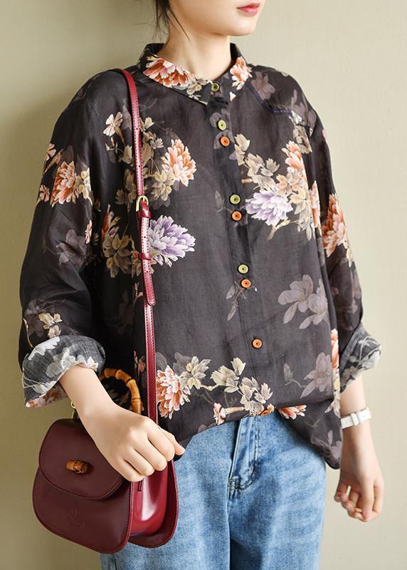 Handmade Chocolate Print Linen Top - SooLinen