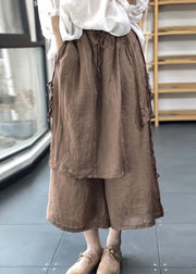 Handmade Chocolate Elastic Waist Drawstring Asymmetrical Linen Wide Leg Pants Summer