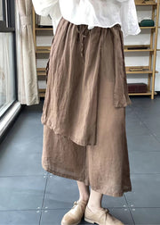 Handmade Chocolate Elastic Waist Drawstring Asymmetrical Linen Wide Leg Pants Summer