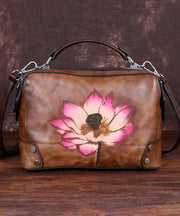 Handgemachte Coffee Floral Paitings Kalbsleder Satchel Handtasche