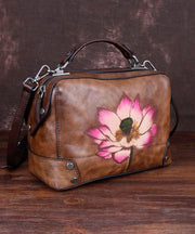 Handmade Chocolate Floral Paitings Calf Leather Satchel Handbag