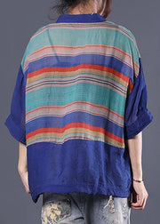 Handmade Cotton Striped Tops Fitted Retro Half Sleeve V Neck Blouse - SooLinen