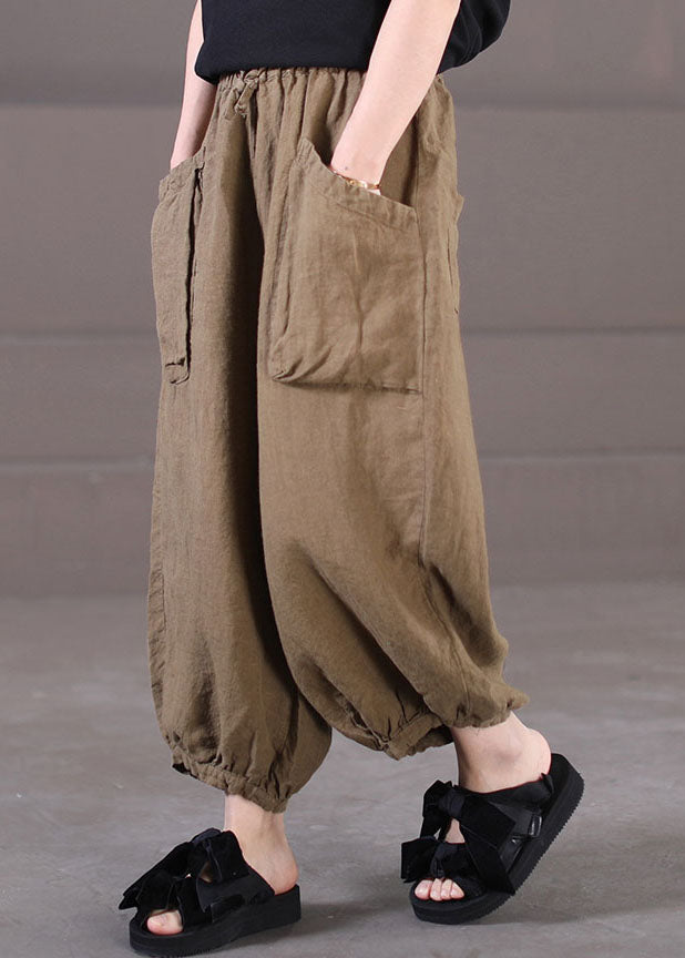 Handgefertigte Leinenhose mit hoher Taille und Kordelzug in dunklem Khaki Sommer