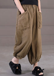 Handgefertigte Leinenhose mit hoher Taille und Kordelzug in dunklem Khaki Sommer