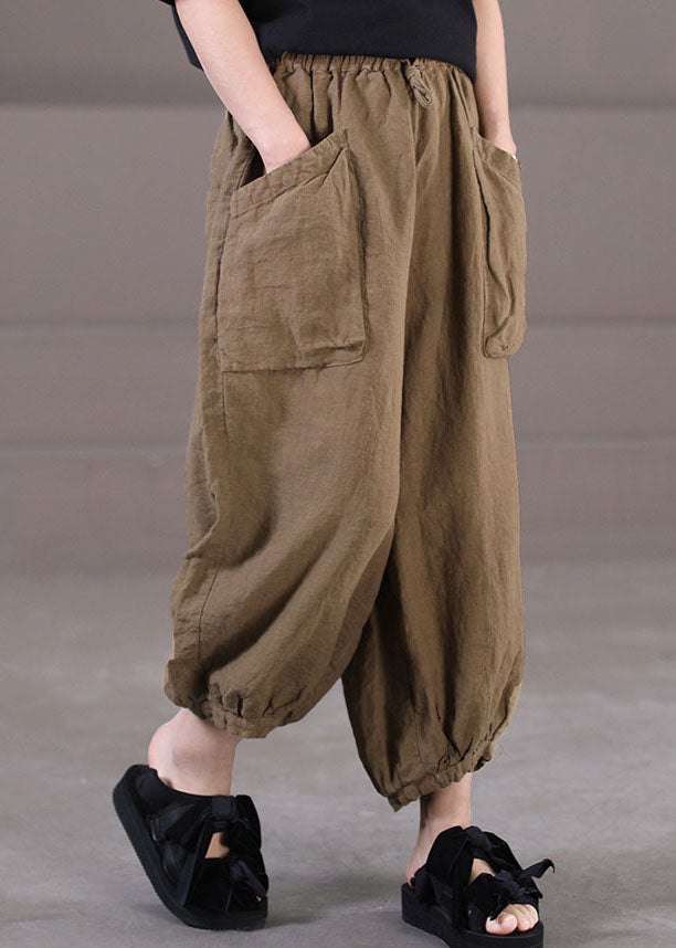 Handmade Dark Khaki High Waist Drawstring Linen Beam Pants Summer