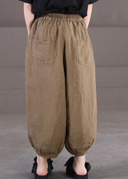 Handmade Dark Khaki High Waist Drawstring Linen Beam Pants Summer