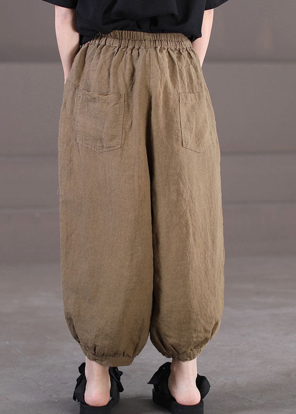 Handgefertigte Leinenhose mit hoher Taille und Kordelzug in dunklem Khaki Sommer