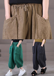 Handgefertigte Leinenhose mit hoher Taille und Kordelzug in dunklem Khaki Sommer