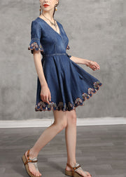 Handmade Denim Blue V Neck Embroideried Tie Waist Cotton Mini Dresses Short Sleeve