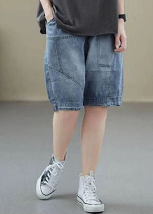 Handmade Denim Light Blue Elastic Waist Pockets Patchwork Cotton Short Pants Summer