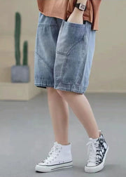 Handmade Denim Light Blue Elastic Waist Pockets Patchwork Cotton Short Pants Summer