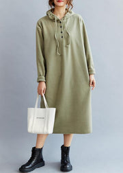 Handmade Drawstring Hooded  cotton Spring Dresses  Green long Dress - SooLinen