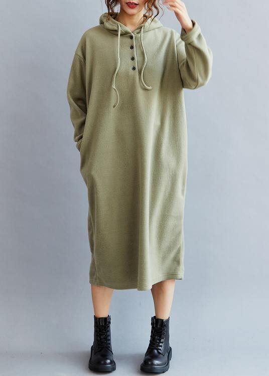 Handmade Drawstring Hooded  cotton Spring Dresses  Green long Dress - SooLinen