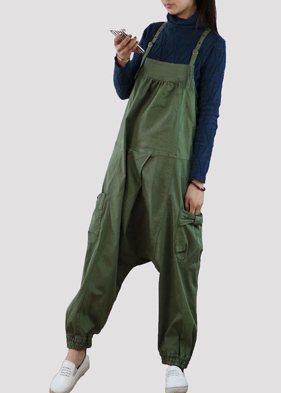 Handmade Green Casual Pockets Button Fall Cotton Romper Outfit - SooLinen