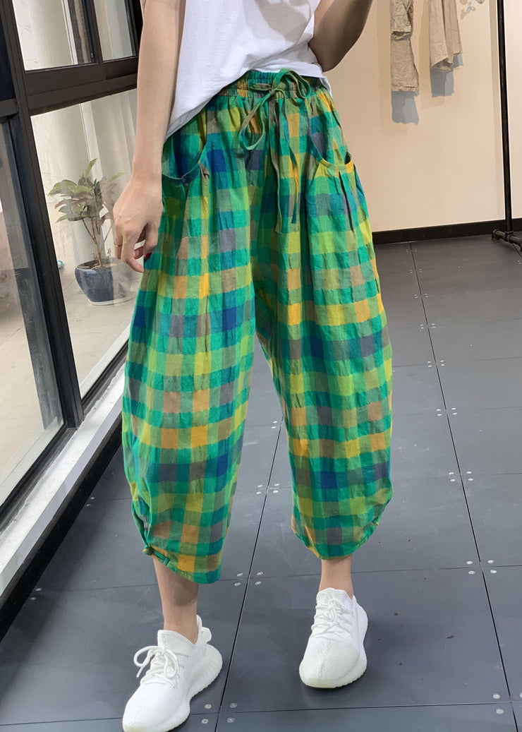 Handmade Green Elastic Waist Pockets Plaid Linen Harem Pants Summer