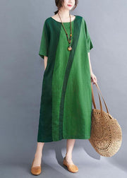 Handmade Green O-Neck Patchwork Summer Vacation Dresses Half Sleeve - SooLinen