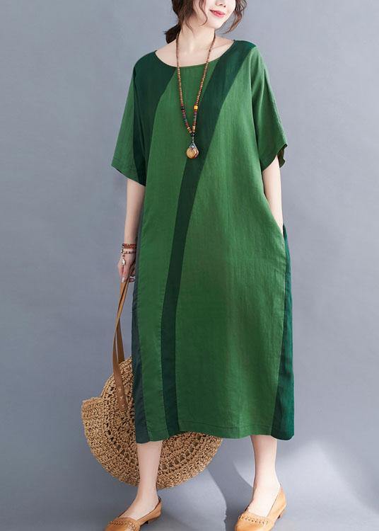 Handmade Green O-Neck Patchwork Summer Vacation Dresses Half Sleeve - SooLinen