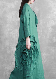 Handmade Green 3D Flower Linen Maxi Dress - SooLinen