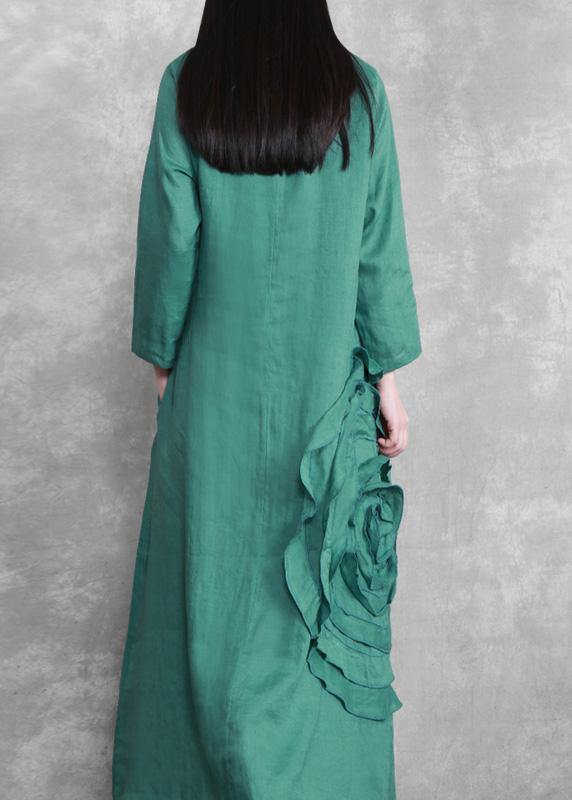 Handmade Green 3D Flower Linen Maxi Dress - SooLinen