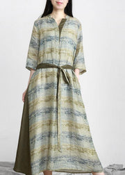 Handmade Green Print V Neck Robe Linen Dresses Half Sleeve - SooLinen