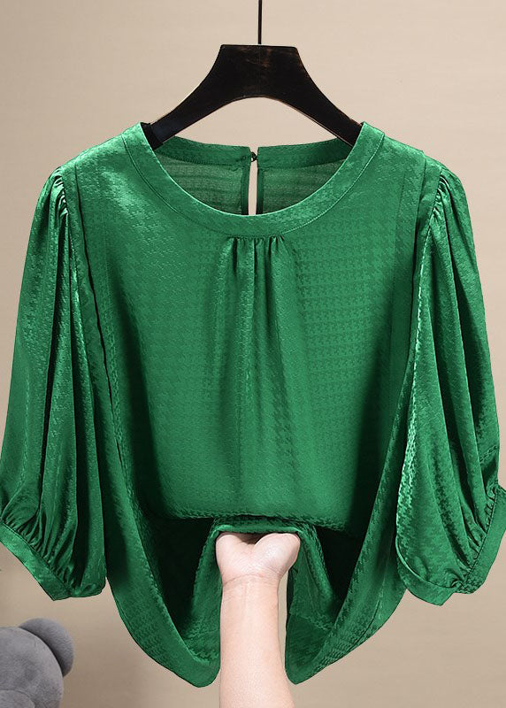 Handmade Green Puff Sleeve Jacquard Button Chiffon Shirt Tops Summer