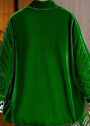 Handmade Green V Neck Pockets Velour Winter Coat