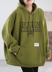 Handmade Green drawstring Graphic Warm Fleece Sweatshirts Tracksuits Winter