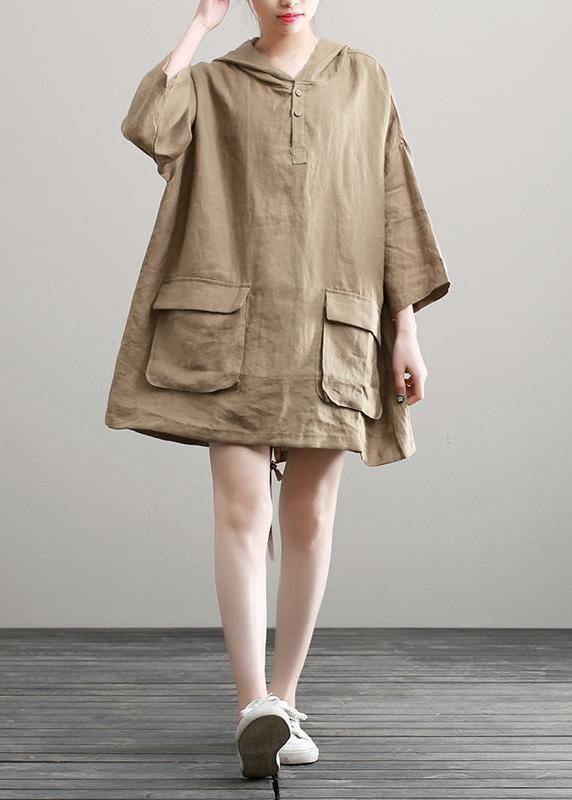 Handmade Summer Khaki Linen Dresses Hoodie Dress - SooLinen