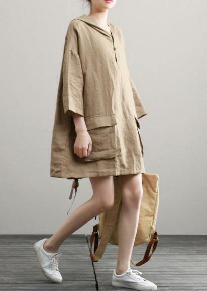 Handmade Summer Khaki Linen Dresses Hoodie Dress - SooLinen