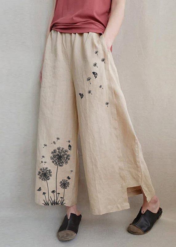 Blue Dandelion Wide Leg Linen Pants Summer Cotton Outfits - SooLinen