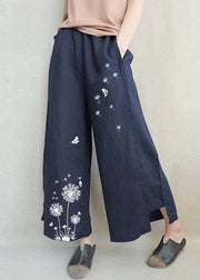 Blue Dandelion Wide Leg Linen Pants Summer Cotton Outfits - SooLinen