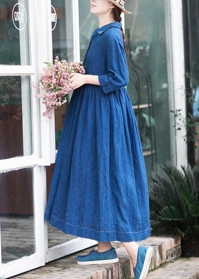 Handmade Lapel Half Sleeve Spring Tunics Shirts Blue Dress - SooLinen