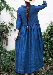 Handmade Lapel Half Sleeve Spring Tunics Shirts Blue Dress - SooLinen