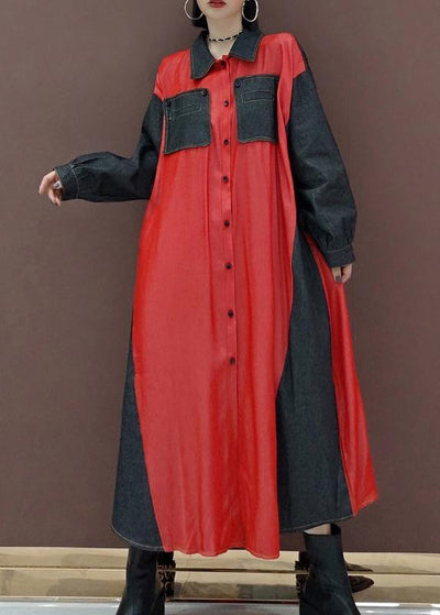 Handmade Lapel Patchwork Spring Long Dress Photography Red Kaftan Dress - SooLinen