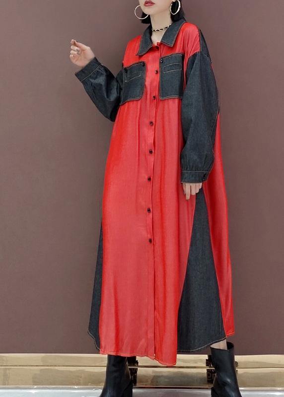 Handmade Lapel Patchwork Spring Long Dress Photography Red Kaftan Dress - SooLinen