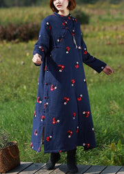 Handmade Navy Embroidery Tunics Stand Collar Robe Spring Dresses - SooLinen