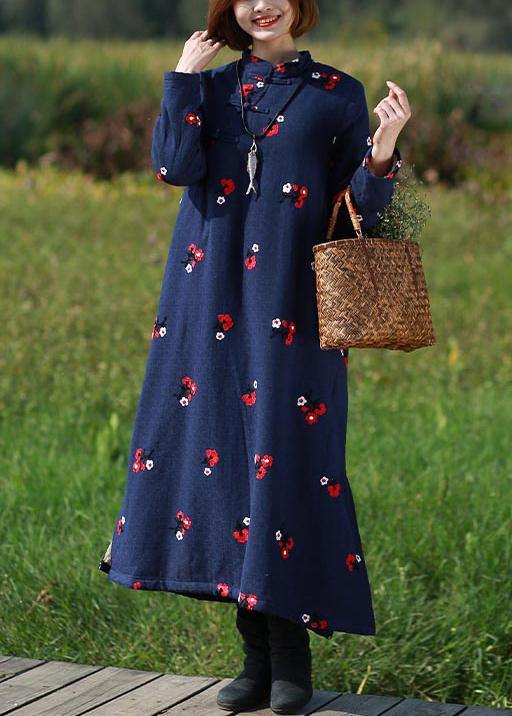 Handmade Navy Embroidery Tunics Stand Collar Robe Spring Dresses - SooLinen