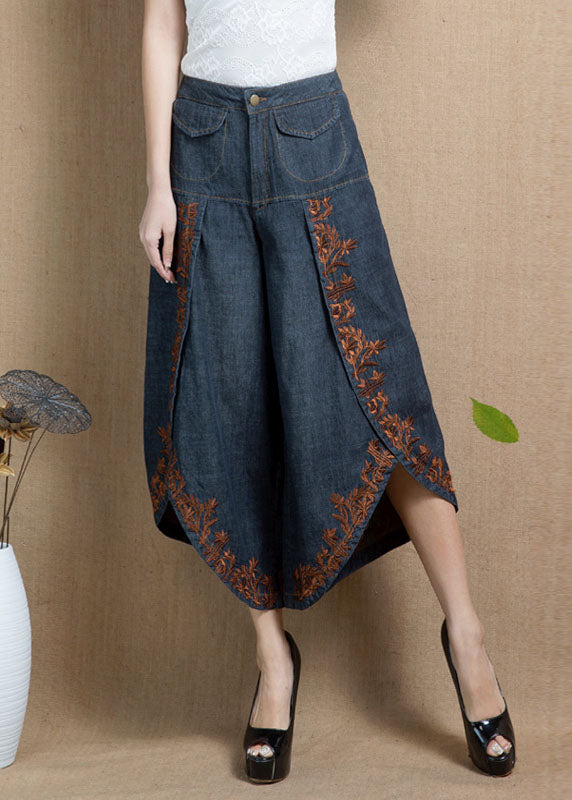 Handmade Navy High Waist Embroideried Asymmetrical Design Pockets Cotton Crop Pants Summer