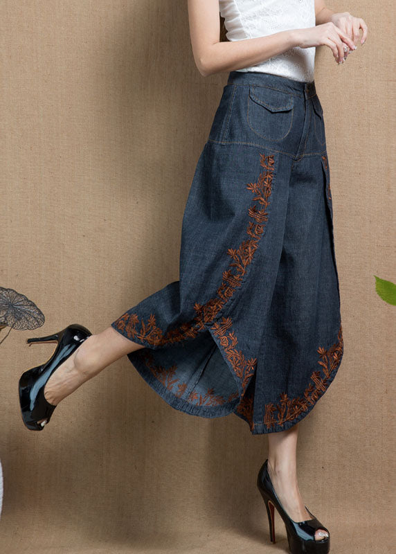 Handmade Navy High Waist Embroideried Asymmetrical Design Pockets Cotton Crop Pants Summer