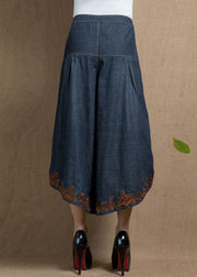 Handmade Navy High Waist Embroideried Asymmetrical Design Pockets Cotton Crop Pants Summer