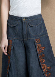 Handmade Navy High Waist Embroideried Asymmetrical Design Pockets Cotton Crop Pants Summer