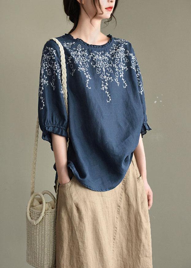 Handmade Navy lantern Sleeve Ruffled Summer Linen Shirt Tops - SooLinen