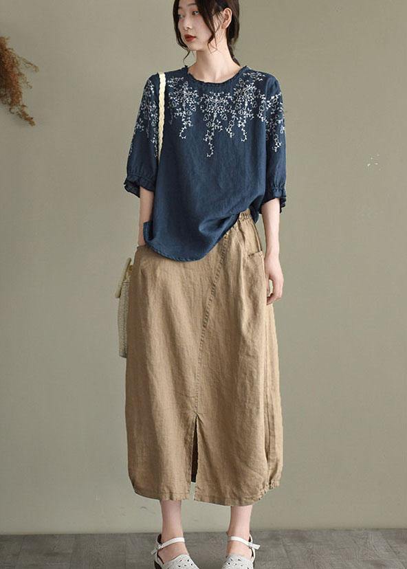 Handmade Navy lantern Sleeve Ruffled Summer Linen Shirt Tops - SooLinen