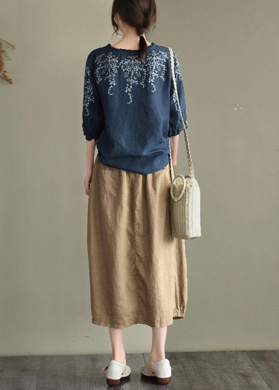 Handmade Navy lantern Sleeve Ruffled Summer Linen Shirt Tops - SooLinen